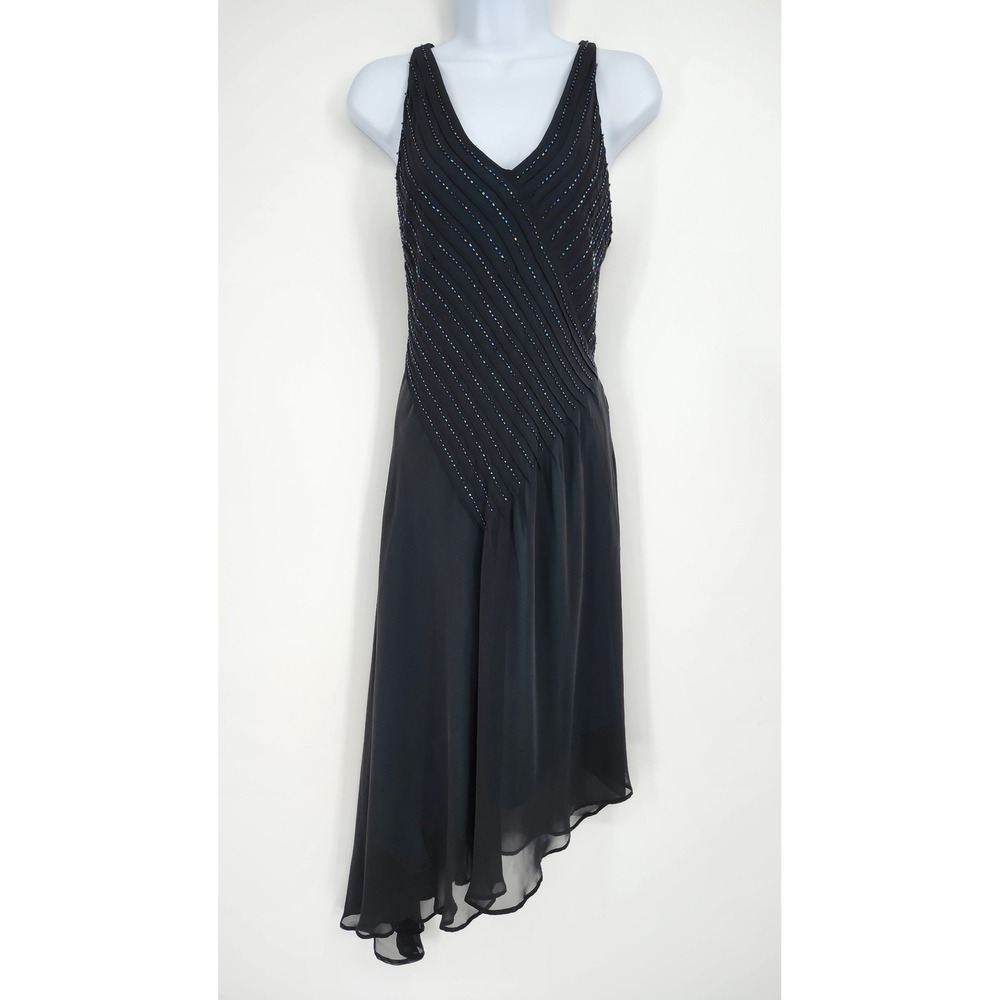 Vintage Womens Black Beaded Ethereal Cocktail Dress Size 8 Asymmetrical Y2K Glam